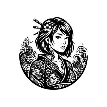 Geisha Girl with Traditional Japanese Tattoo Vector Illustration, Minimalist Black and White Kimono Woman, Irezumi Dragon Icon