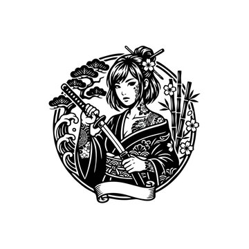 Geisha Girl with Traditional Japanese Tattoo Vector Illustration, Minimalist Black and White Kimono Woman, Irezumi Dragon Icon