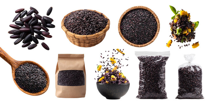Set of forbidden rice, black purple grain staple crop, salad fly, resealable standup craft paper plastic pouch bag, wooden spoon, rattan basket, pile stack cook raw, transparent cutout PNG mockup