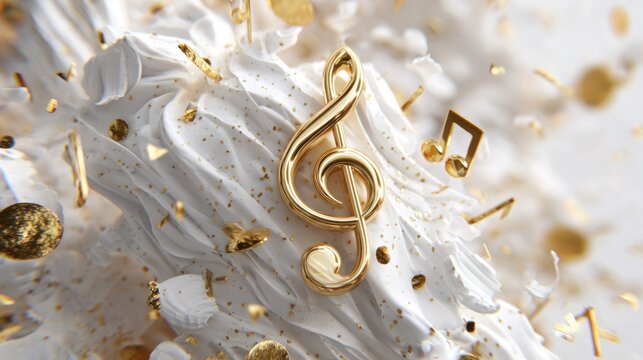 Gilded musical notation swirls amidst textured white fabric showered with confetti