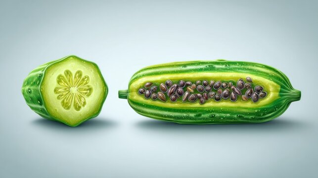 Cross section and longitudinal view of an elongated green striped fruit revealing interior flesh and numerous dark seeds