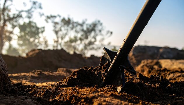 Folding entrenching shovel with dirt on its blade digging into the ground outdoors