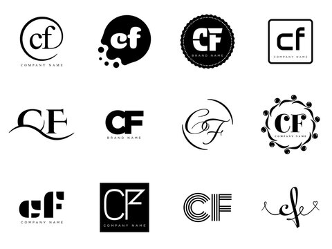 CF logo company template. Letter c and f logotype. Set different classic serif lettering and modern bold text with design elements. Initial font typography.