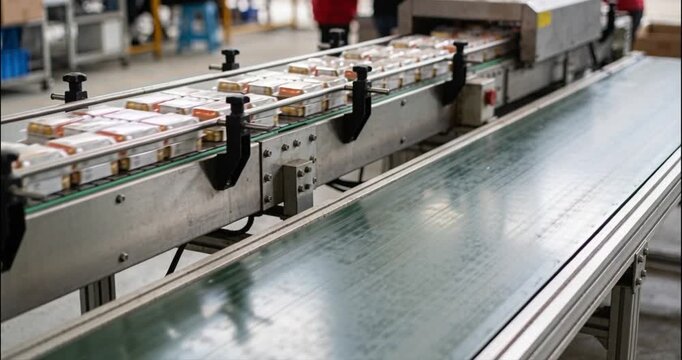 Automated conveyor belt packaging process in manufacturing plant