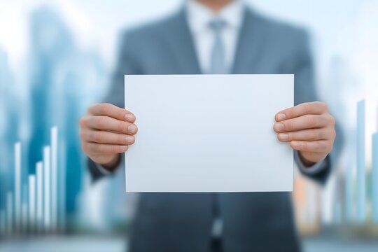 Businessman holding a blank white sign covering his face with a blurred background of a modern office and glowing digital business charts.