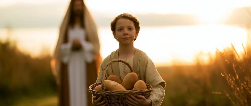 A little boy is holding a woven basket that contains fish and freshly baked bread. faith, generosity, miracles, hope, and divine provision.	
