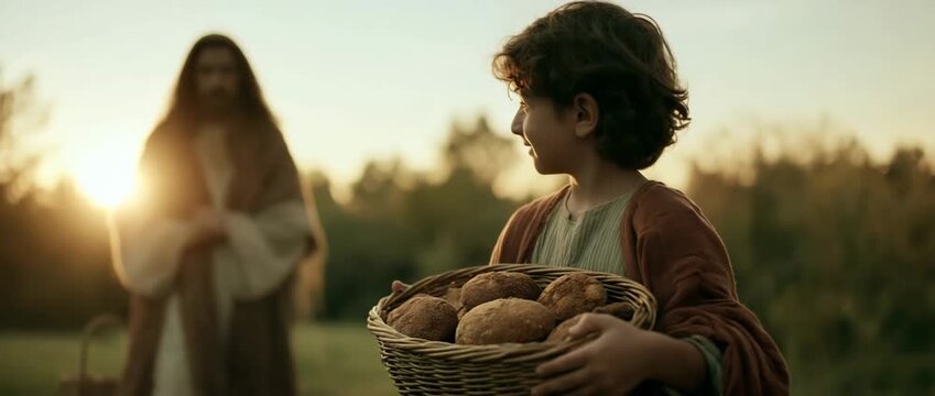 A little boy is holding a woven basket that contains fish and freshly baked bread. faith, generosity, miracles, hope, and divine provision.	