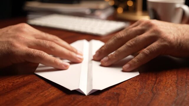Hands holding paper airplane on desk