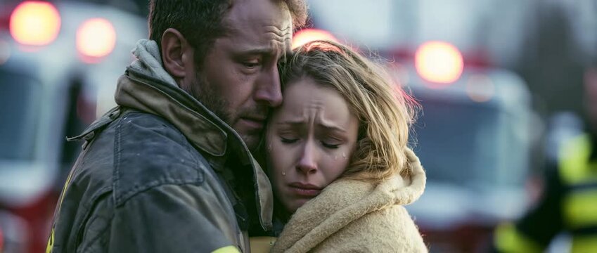 Firefighter comforting disaster survivor.