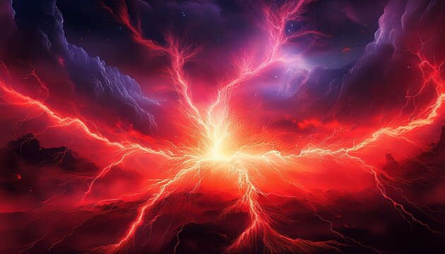 fierce crimson tinged electrical arc dominating the center foreground in an intense burst of energy