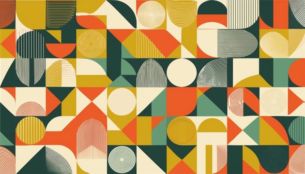 abstract geometric background simple shapes pattern modern bauhaus style mosaic minimalist poster circle square triangle retro colors seamless pattern design