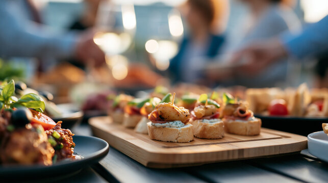 Faceless friends enjoying appetizers and snacks at rooftop celebration, food element, culinary experience, social gathering, event catering, with copy space