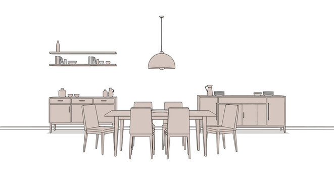 Elegant and symmetrical dining room interior in line art style with muted color accents, showcasing a rectangular table with eight chairs, two long buffet cabinets, and a floating wall shelf.
