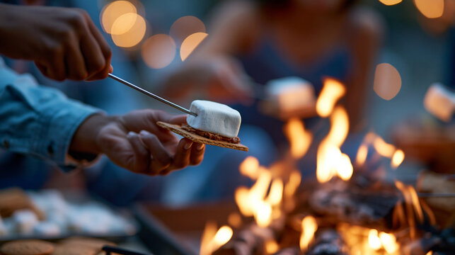 Faceless friends making s'mores around fire at beach party gathering, campfire activity, sweet treats, interactive food preparation, recreational cooking, with copy space