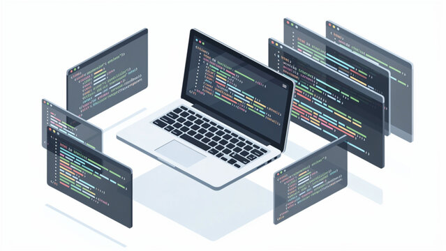 Multiple Computer Screens Displaying Coding and Data.