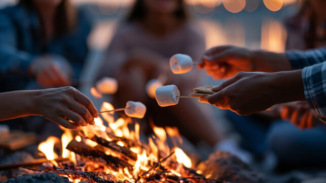 Faceless friends making s'mores around fire at beach party gathering, campfire activity, sweet treats, interactive food preparation, recreational cooking, with copy space