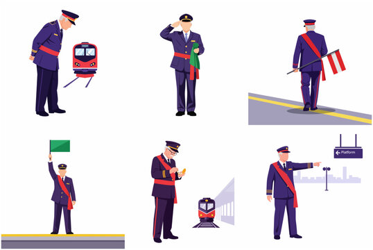 Set of professional train conductor characters in various poses at the railway station platform, vector illustration
