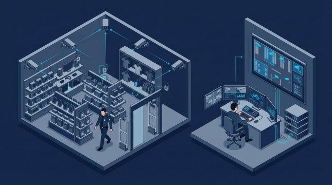 A security guard walks through a monitored area with shelves. Surveillance equipment and monitors display security data in real time.