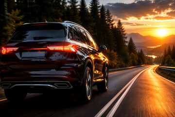 Obraz premium Luxury SUV Driving on Scenic Mountain Highway at Sunset with Dramatic Landscape and Golden Light