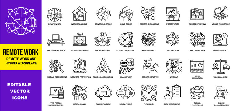 Remote Work and Hybrid Workplace Line Icon Set; Minimal Vector Pack of Work From Home, Video Conference, Digital Nomad, Virtual Teams, and Flexible Schedule Concepts.