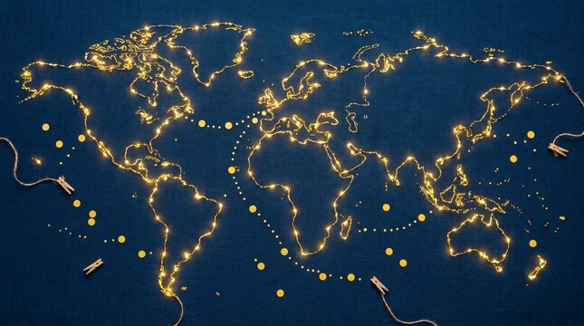 A glowing string of fairy lights outlines a world map on a dark blue background with scattered lights.