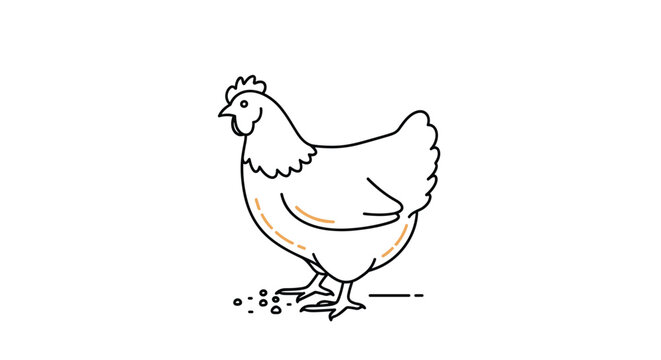 Simple black and white line drawing depicts a hen standing over grain, capturing a classic scene from farm life.
