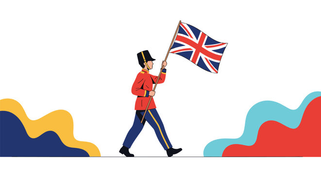 British royal guard in traditional red uniform and bearskin hat marches forward while holding a large union jack flag.