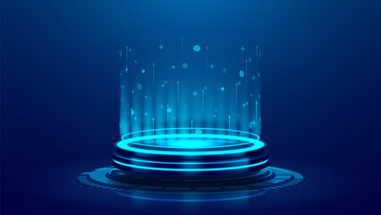 Sci-fi glowing portal concept. Vector illustration with 3d magic fantasy portal, podium or teleport with neon blue element and hologram. Hi-tech digital podium for product presentation, game design. © Yaran
