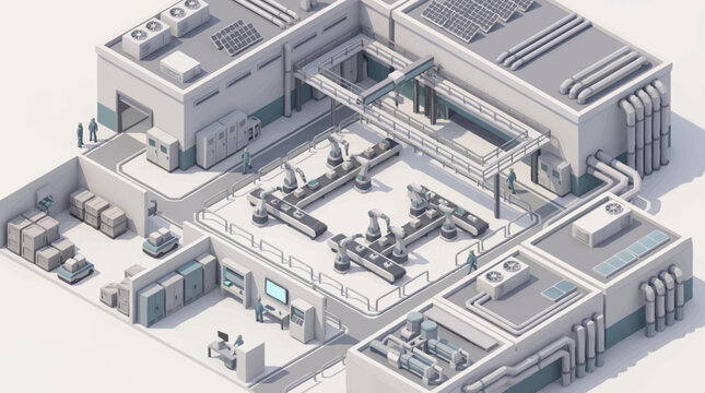Isometric view of a modern industrial factory complex with machinery.