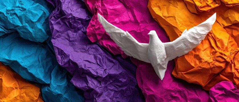Peaceful white dove flying over colorful crumpled paper background
