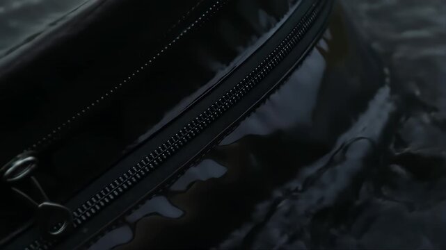 Magnificent High-End Commercial Shot of an Unbranded Premium Bag with Zippers Featuring Zipper, Close-Up, Black with Shiny and Texture Elements For