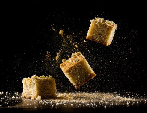 Cubes of baked dessert crumble in mid-air against a dark background