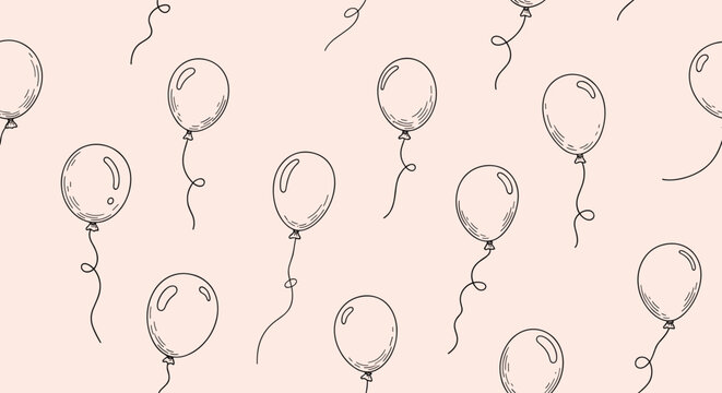 Seamless pattern with hand drawn floating balloons on a soft pink background is ideal for party or birthday decorations.