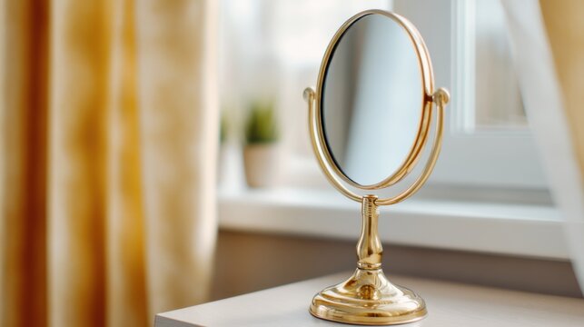 close up mirror with blurred reflection, soft light bounce, neutral interior tones, cinematic atmosphere, shallow depth of field