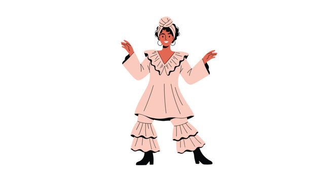 Fashionable woman wearing a ruffled pink dress and a matching turban dancing joyfully in a stylish illustration.