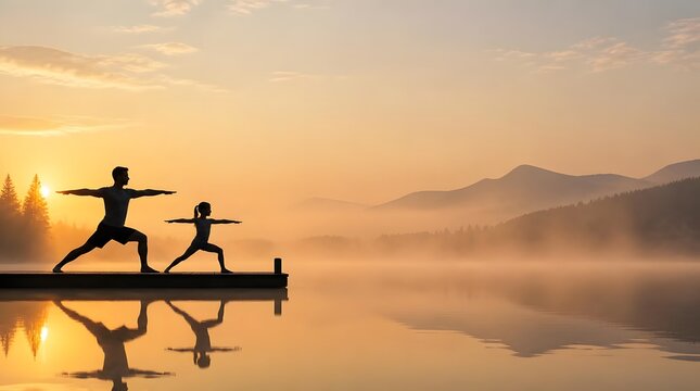 Father and Daughter Practicing Yoga Silhouettes on a Lake Pier, Silhouette Landscape Photography, Family Wellness and Mindfulness Theme, Golden hour sun reflection on mis