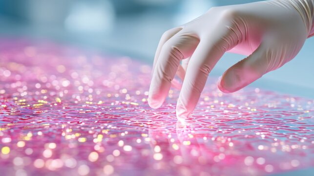 detailed close up of gloved hand placing biosensor on a semi living organic sheet glowing faintly, lab surface under soft daylight