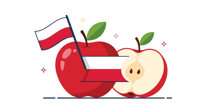 Fresh red apples with one sliced in half and small Polish flags used as toppers on a clean white background.