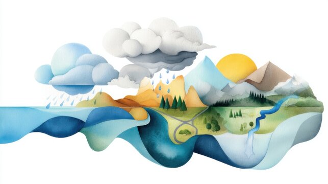Educational watercolor illustration of the water cycle, diagram showing evaporation from ocean, cloud formation, rain over mountains, and river runoff