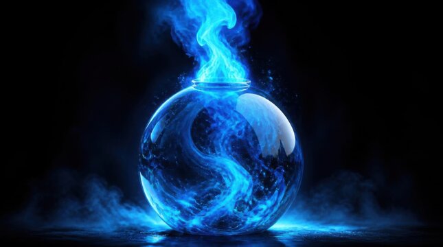 Glowing magic potion bottle with blue flames rising on dark background.