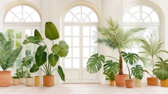 Lush watercolor painting of a glass conservatory interior, filled with monstera and palm trees in terracotta pots, intricate window frames, realistic glass