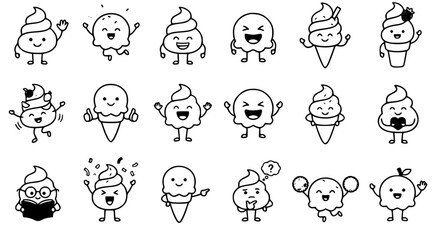 Obraz premium Cute Ice Cream Mascot Character Outline Icon Set with Happy Cartoon Dessert Actions Vector Collection
