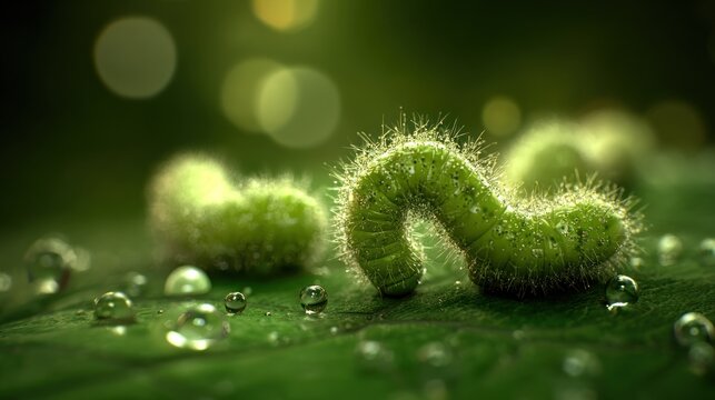 Hairy green larva navigates a wet leaf surface under bright diffused light