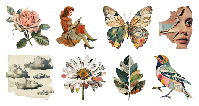 PNG Vintage collage art elements on transparent background