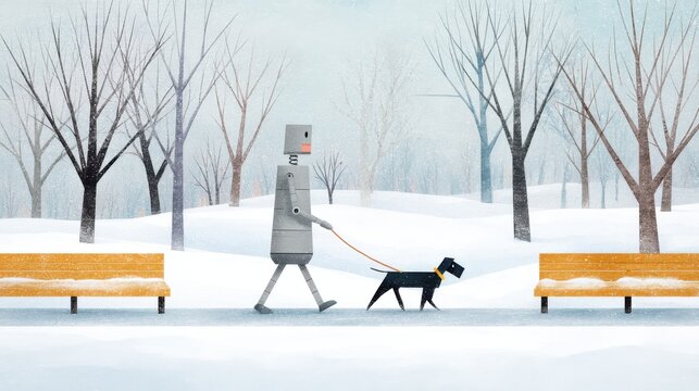 robot walking a dog through snowy park, leash in hand, benches covered in snow, realistic scene, overcast winter sky