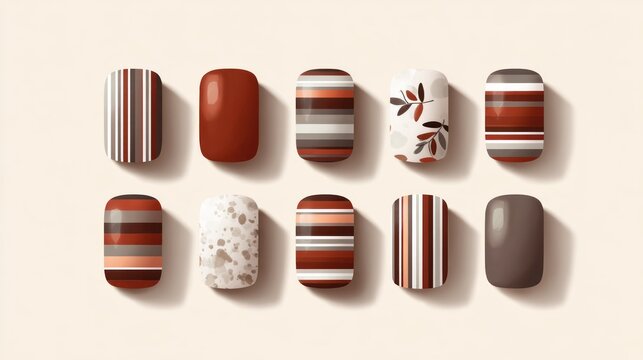 Collection of ten distinct false nail tips showcasing autumnal patterns and solid shades.