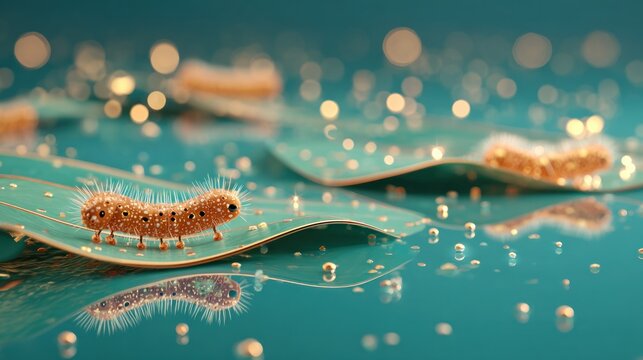 Detailed close up captures fuzzy larva crawling on curving green leaf above reflective surface