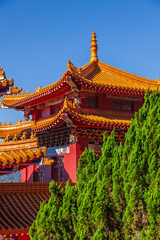Fototapeta premium Wen Wu Temple roofline with cypress trees