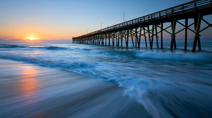 Obraz premium Long exposure of pier at sunrise in coastal region, tall wooden jetty at golden hour, small waves rolling in gently, silky water effect, dawn seascape, peaceful morning