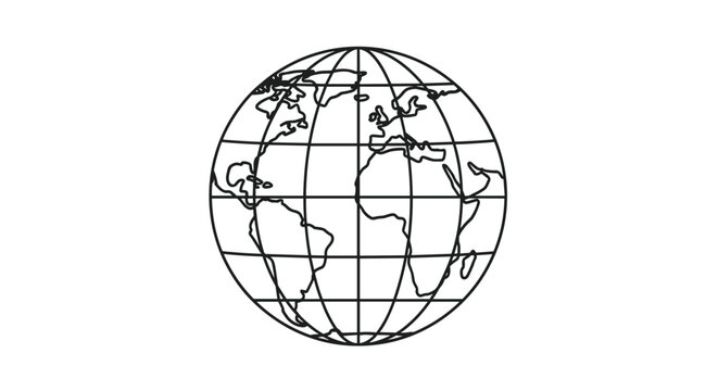 Minimalist black outline of the world globe showing continents and grid lines on a clean white background for global and travel concepts.